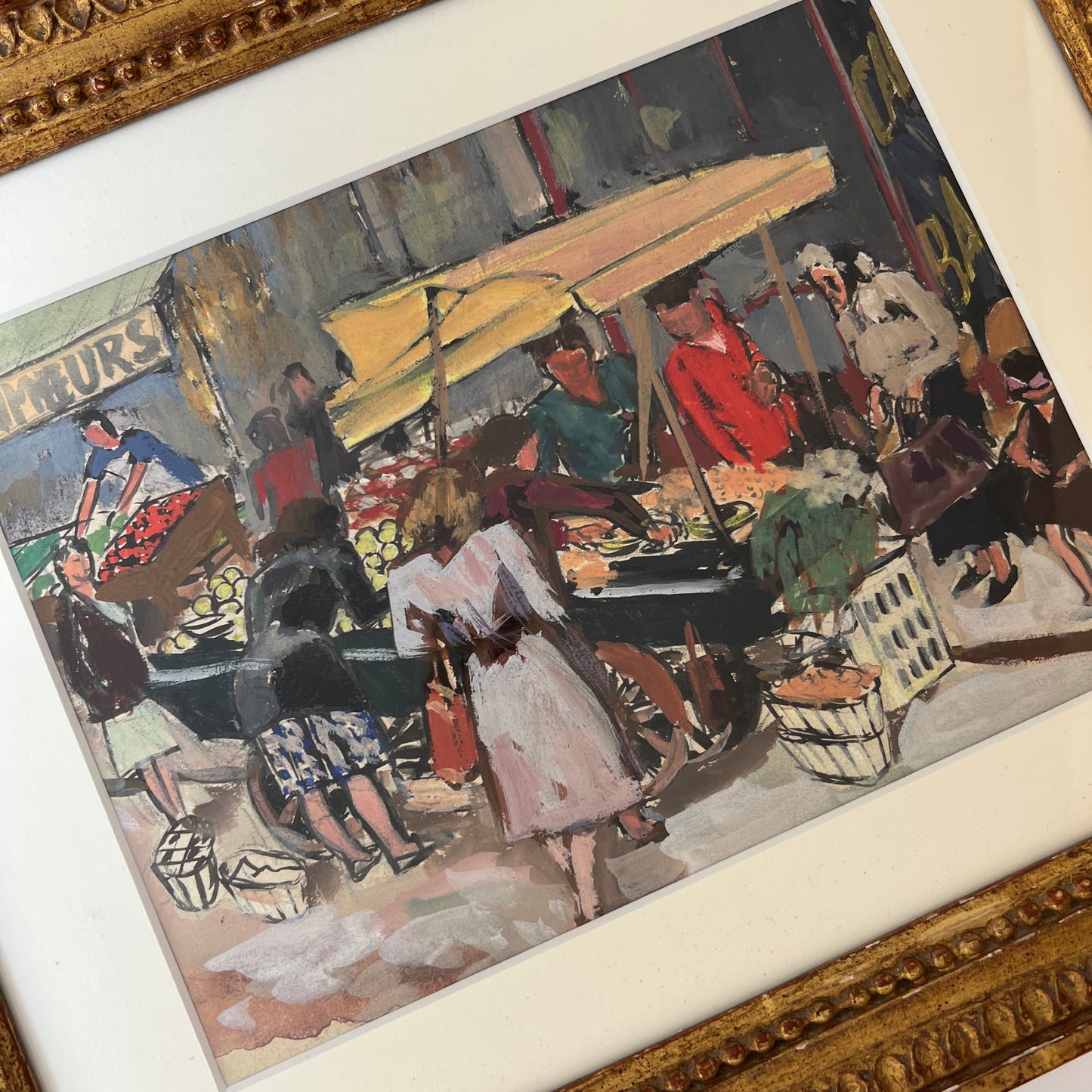 Georges Pacouil Mid Century Parisian Market Gouache Painting in Gold Frame