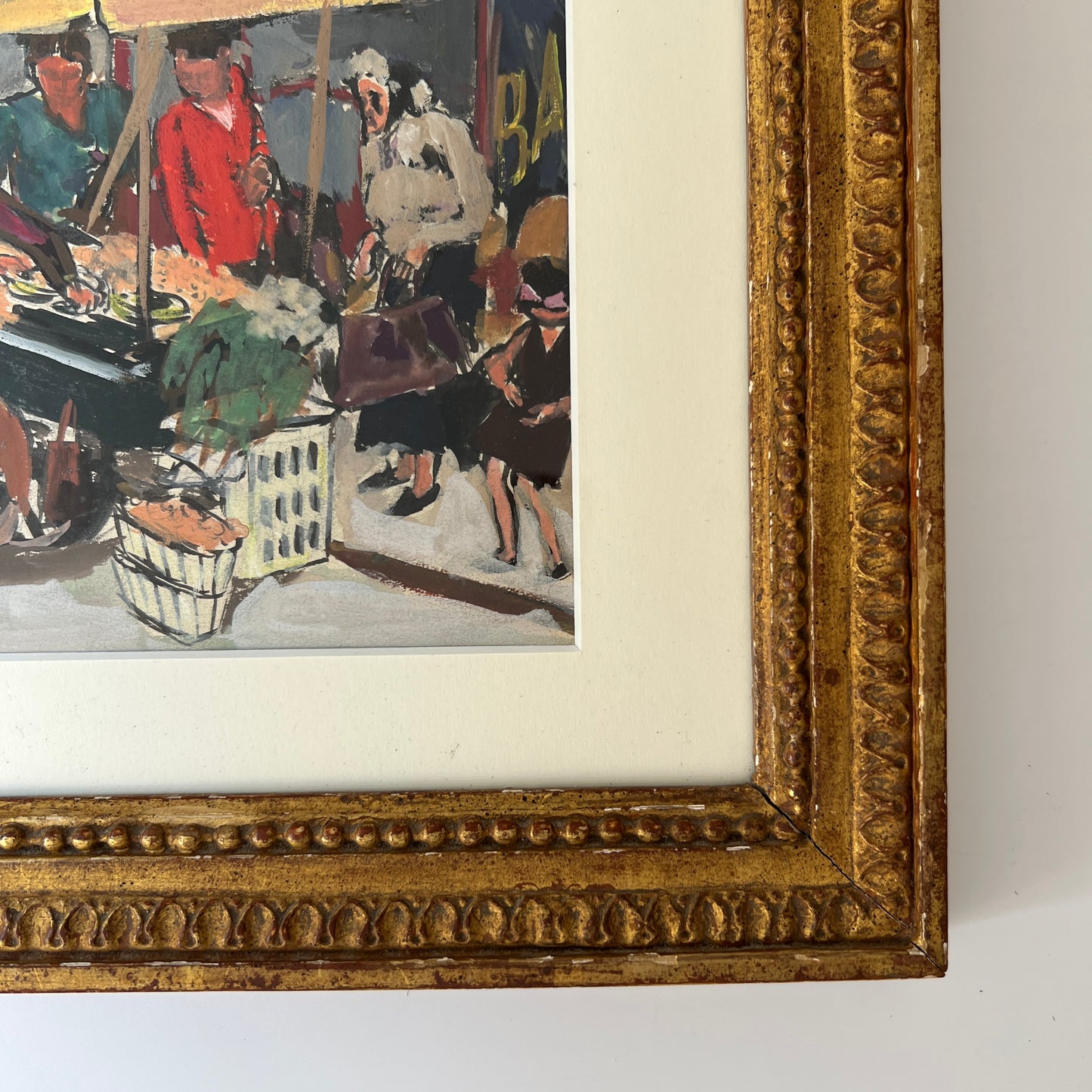 Georges Pacouil Mid Century Parisian Market Gouache Painting in Gold Frame