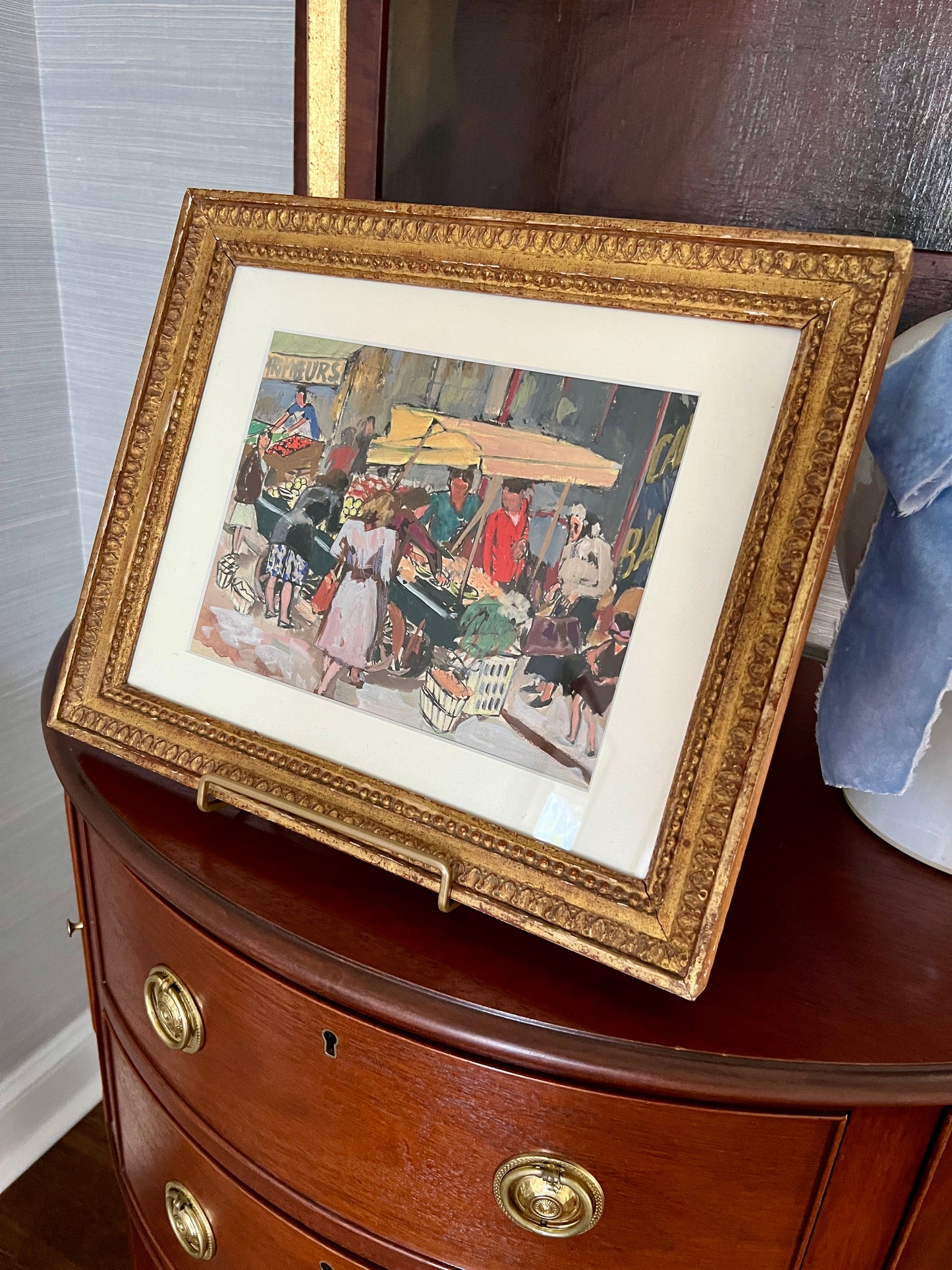 Georges Pacouil Mid Century Parisian Market Gouache Painting in Gold Frame