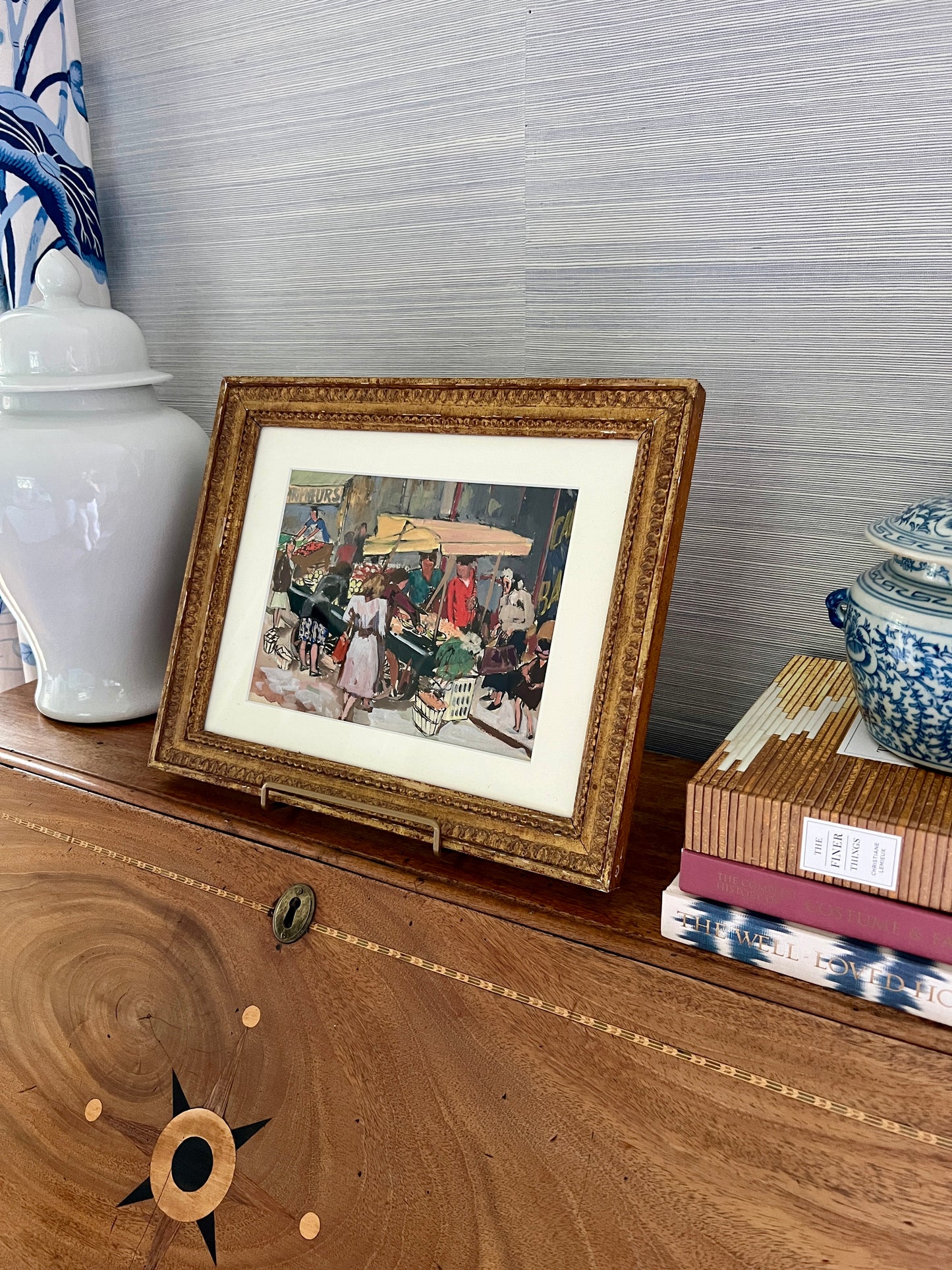 Georges Pacouil Mid Century Parisian Market Gouache Painting in Gold Frame