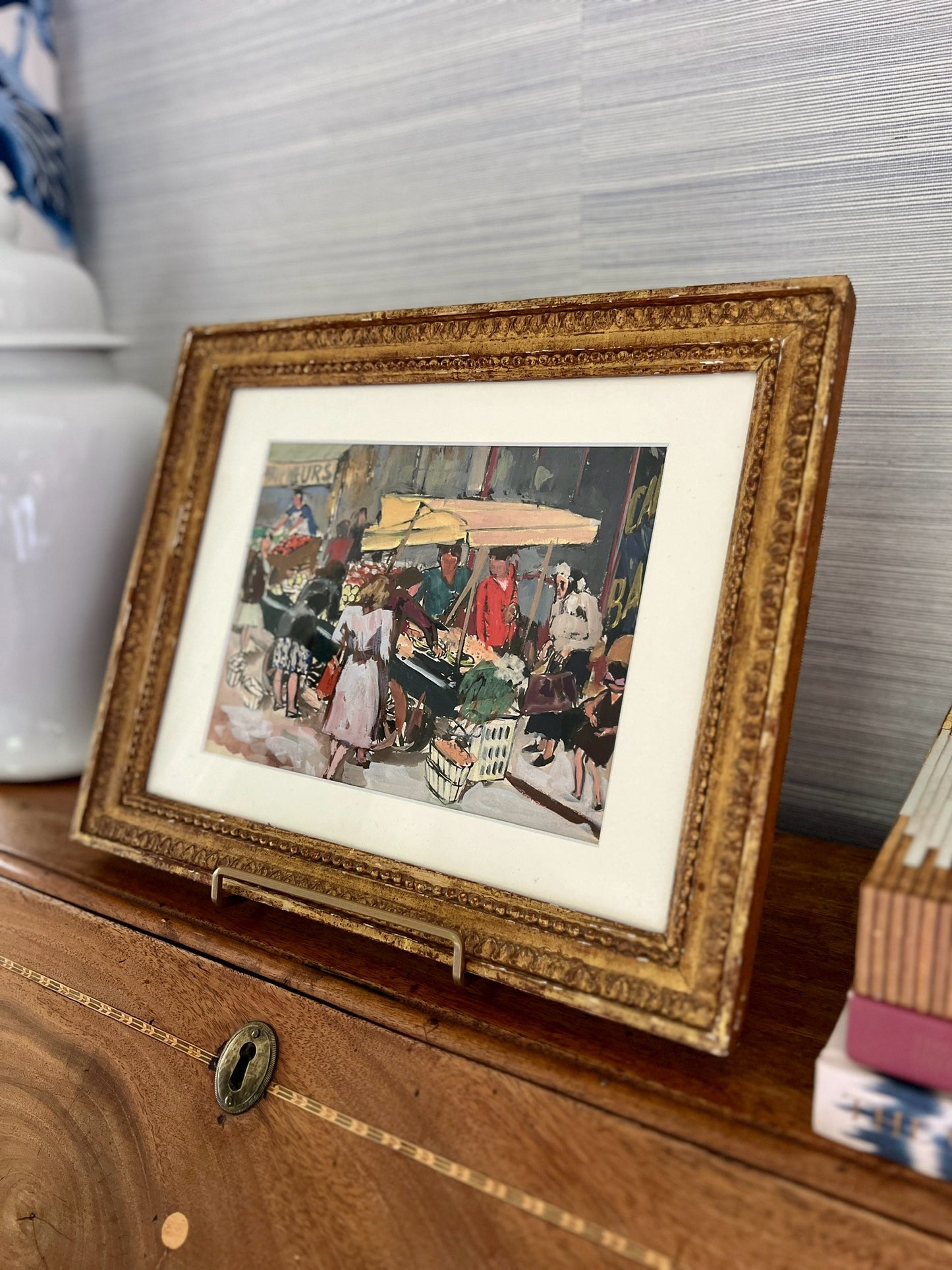 Georges Pacouil Mid Century Parisian Market Gouache Painting in Gold Frame