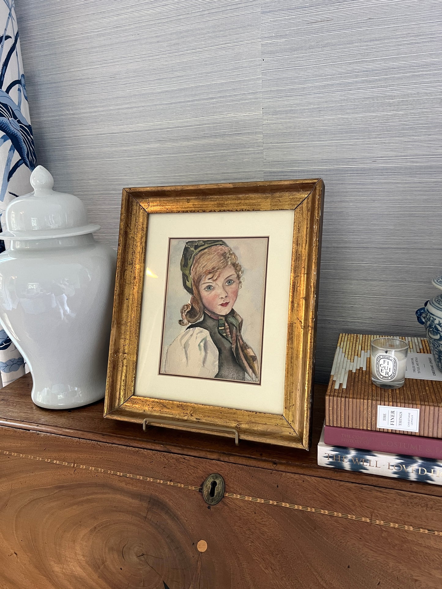 Early 20th Century Watercolor Portrait of Blonde Girl in Gold Frame