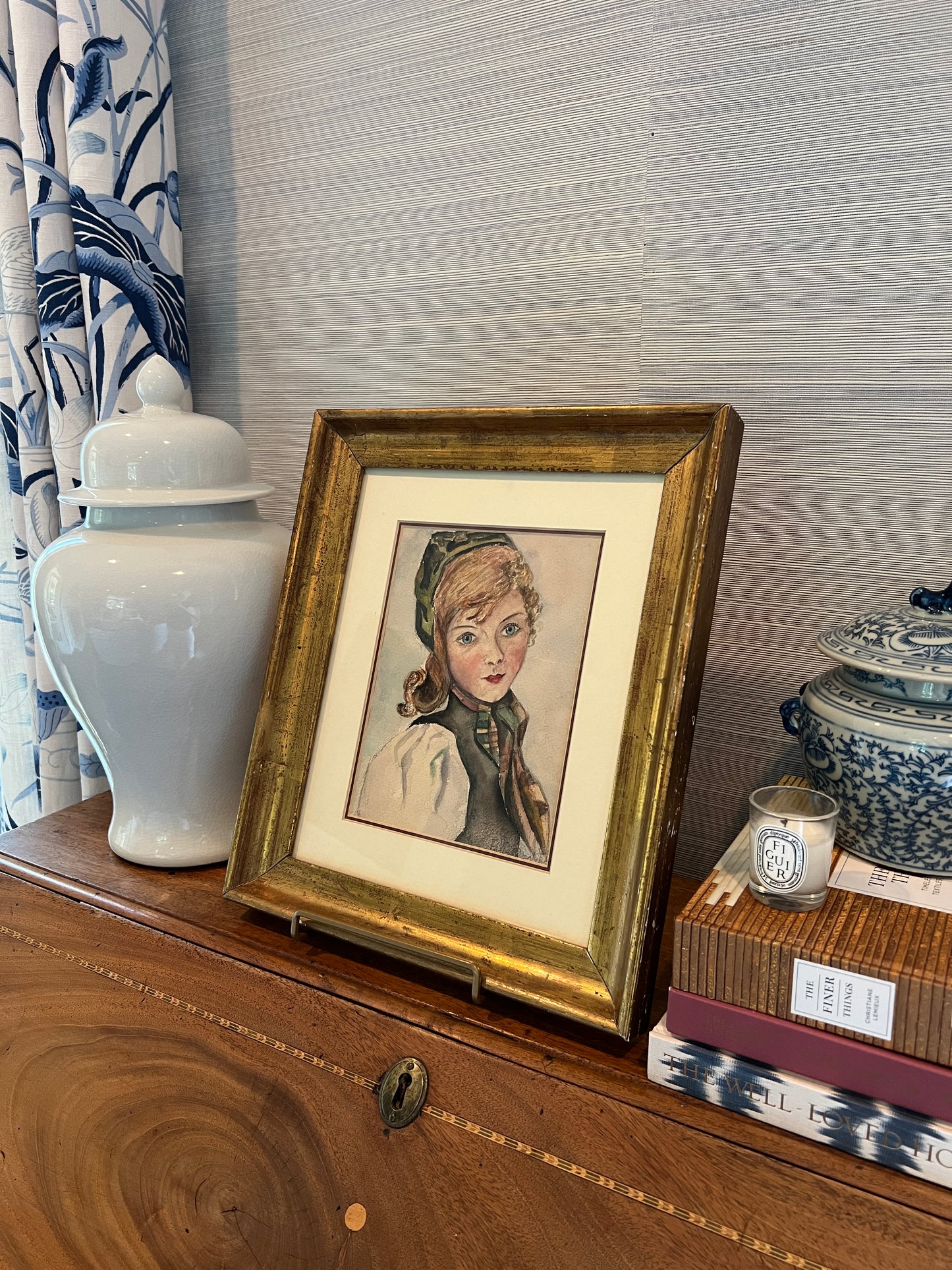 Early 20th Century Watercolor Portrait of Blonde Girl in Gold Frame