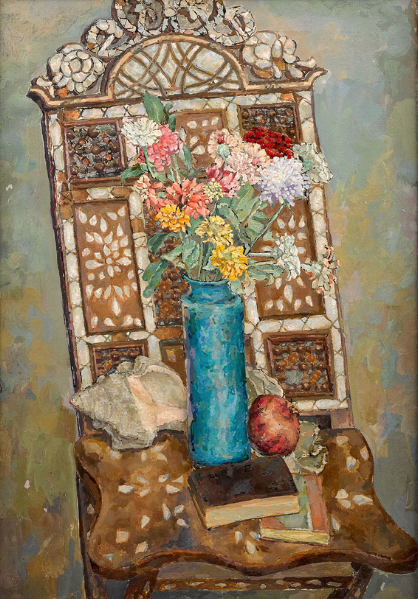 Herman Rose Still Life of Chair, Shell, Pomegranate, Books and Flowers in Gold Frame