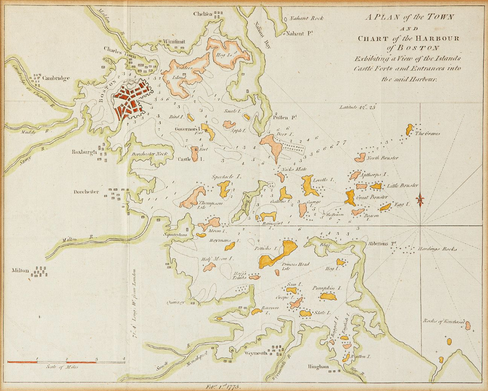 1775 Gentleman's Magazine Colored Antique Map of the Boston Harbor in Gold Frame