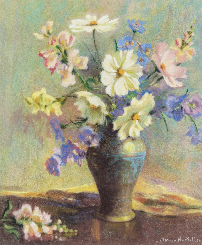 Marion Miller Daisies and Snapdragons in Blue Vase Still Life Pastel in Gold Frame