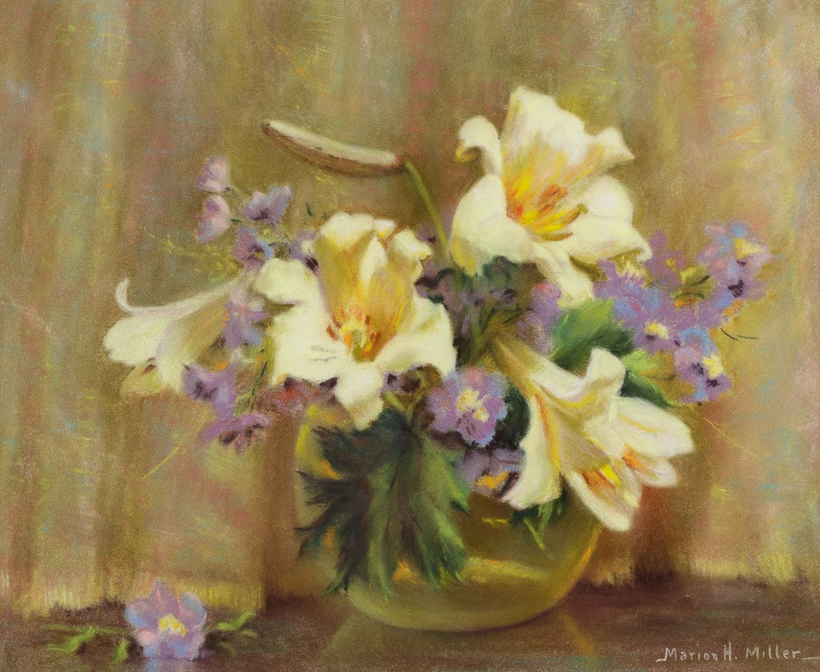 Marion Miller White Lilies Still Life Pastel in Gold Frame