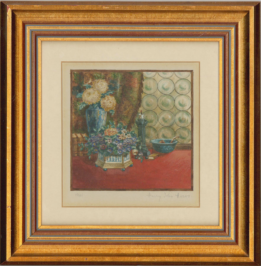 Henry John Heros 1921 Blue and White Interior Still Life in Gold Frame